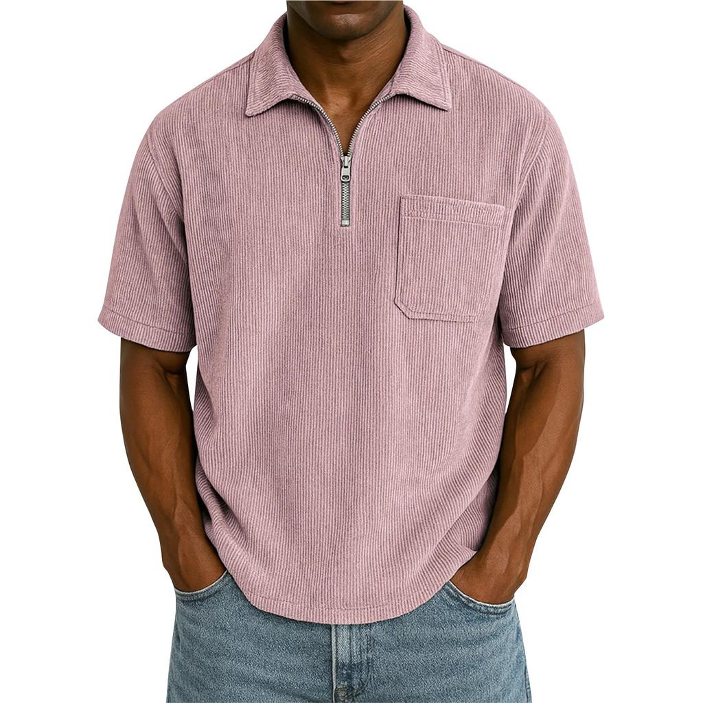 Men's Summer Solid Color Zipper Pocket Lapel Loose Short Sleeve Top