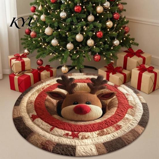 Winter Festive Room Accent Christmas Round Rug, 3D Illusion Mat, Holiday Carpet, Soft Gnome Deer Easy Care Rug Santa House Floor for Living