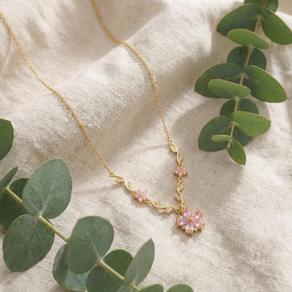 New Cute Romantic Pink Sakura Pendant Necklaces for Women Y2K Sweet Synthetic Zircon Flowers Bracelet Charms Wedding Jewelry Set