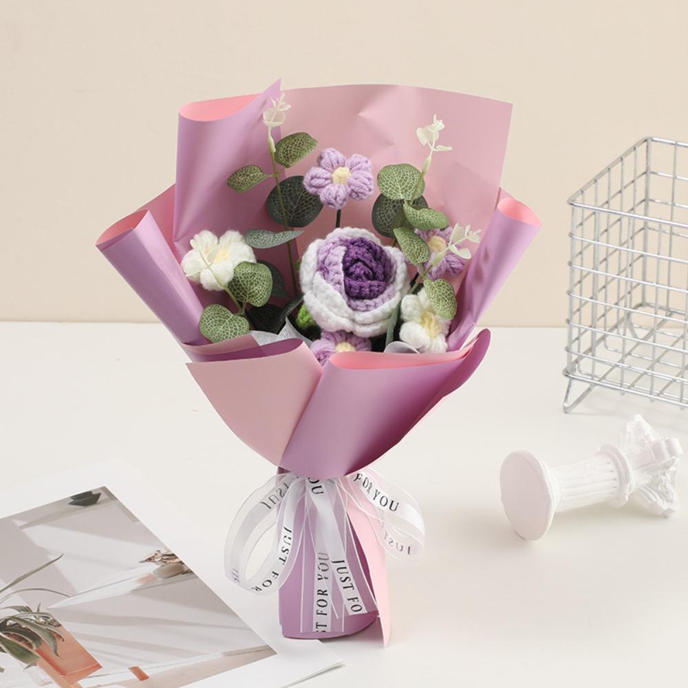 Buquê de Flores Artificiais de Crochê Flor Eterna Feita à Mão Buquê de Formatura Presente de Dia das Mães Aniversário