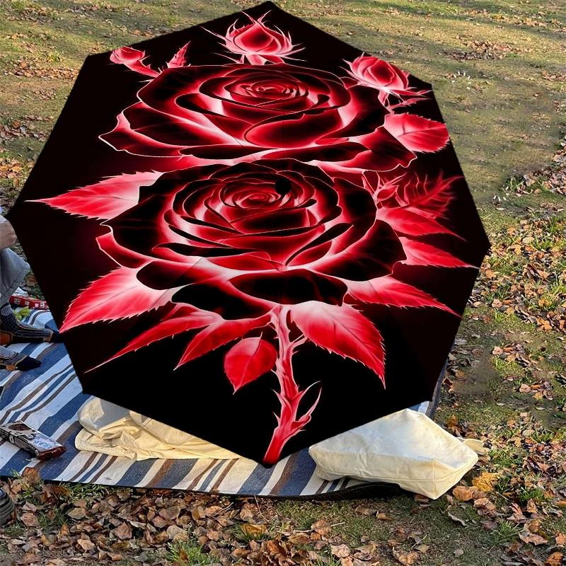 1pc Rose Petals Automatic Open/Close Umbrella Compact Folding Umbrella with 8-Rib Shaft for Women/Men, Elegant Birthday1188S