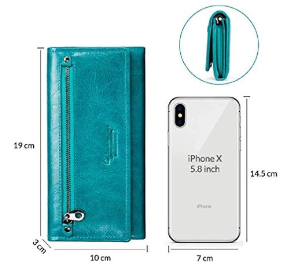 [CONTACTS] Genuine Leather Women's Wallet with RFID and Multi-Function Slim Bi-Fold Zipper Clutch Wallet, Teal Blue