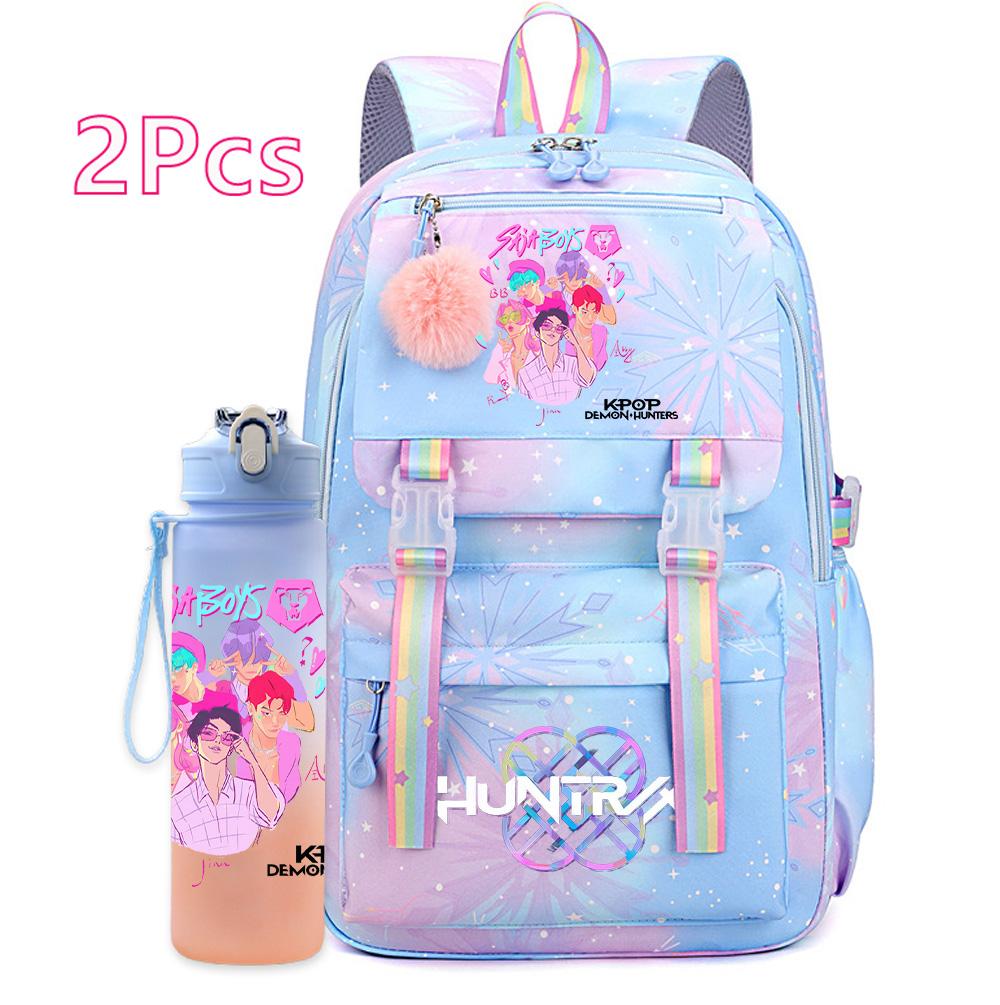 2Pcs/set Anime K-pop Printed Backpack with 750Ml Water Bottler Large Capacity Travel Bag for Teenager Girl Boy Bookbag Kid Gift Large Capacity Bag