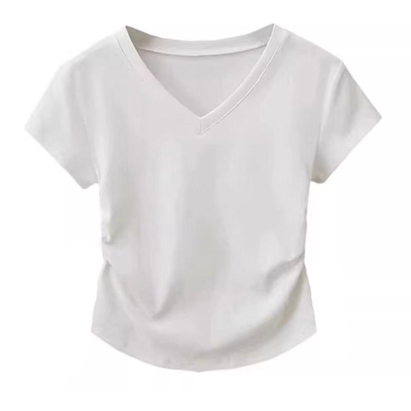 Women's Summer Slimming Pleated V-Neck Cropped T-Shirt, Pure Cotton, Short-Sleeved, Trendy 2026.