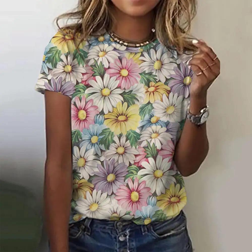 Flower Print t-shirt Women 3d flower Printing O-neck T-shirt Fashion Y2k Clothes Summer Oversized y2k Tshirt Women Clothing TOPS