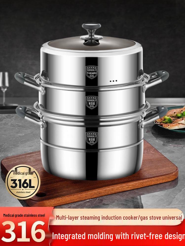 Visible Lid 316L Stainless Steel Steamer Pot with Extra Thick Anti-scalding Design and Double Three-Layer Steaming Basket