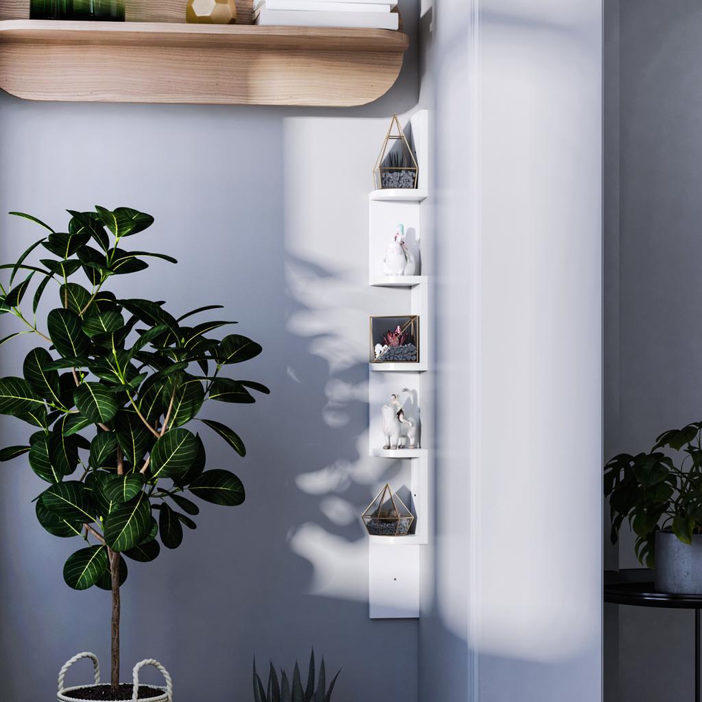 Corner Wall Shelf, 5-Tier, 120 cm High, Zigzag Shape, White Wood