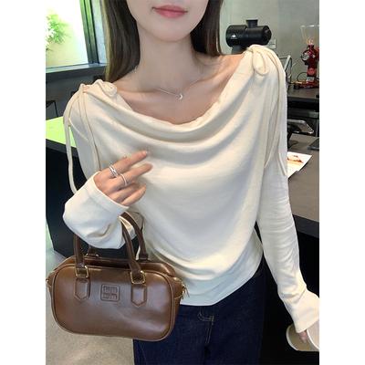 Apricot Sexy Swing Collar Off-Shoulder One-Shoulder Long-Sleeve T-Shirt Women's Early Autumn Style Pleated Bow Tie Waist Inner Top