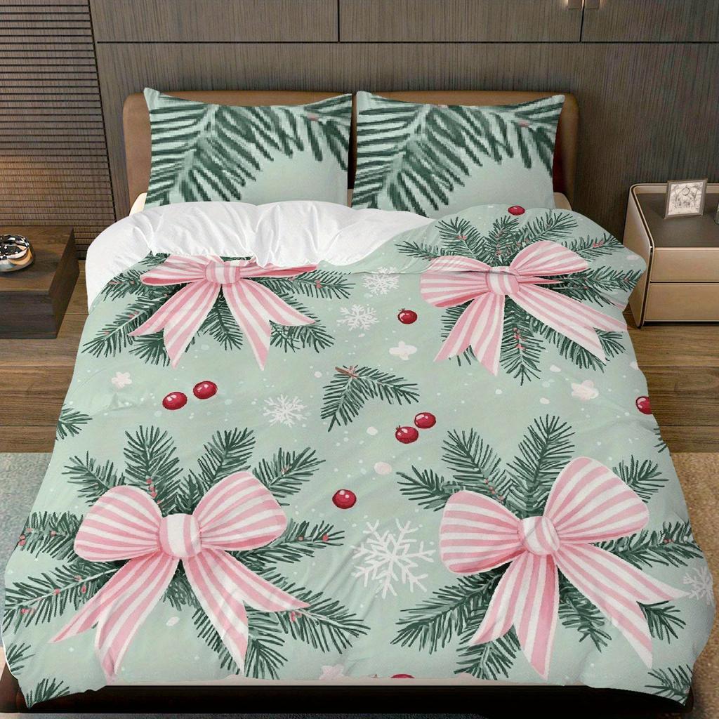 3pcs Christmas Duvet Cover Set with Pink Bow & Pine Branch Snowflake Berry Design - Soft Polyester Bedding, Zipper Closure