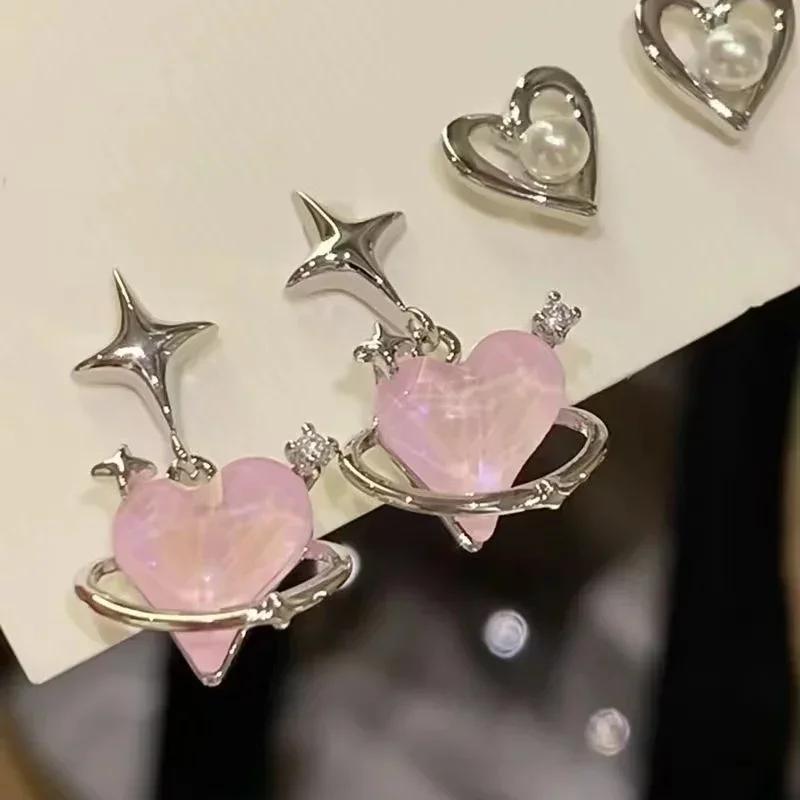6Pcs Pink Heart Stud Earrings Set Women's Personality Korean Fashion Y2K Pink Crystal Temperament Star Earring Piercing for Ears