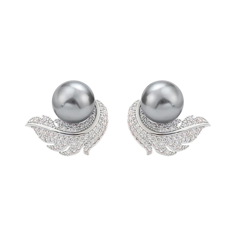 Huitan Micro Pave Cz Earrings with Feather Shape Female Aesthetic Luxury Zircon Chic Simulated Pearl Accessories for Engagement