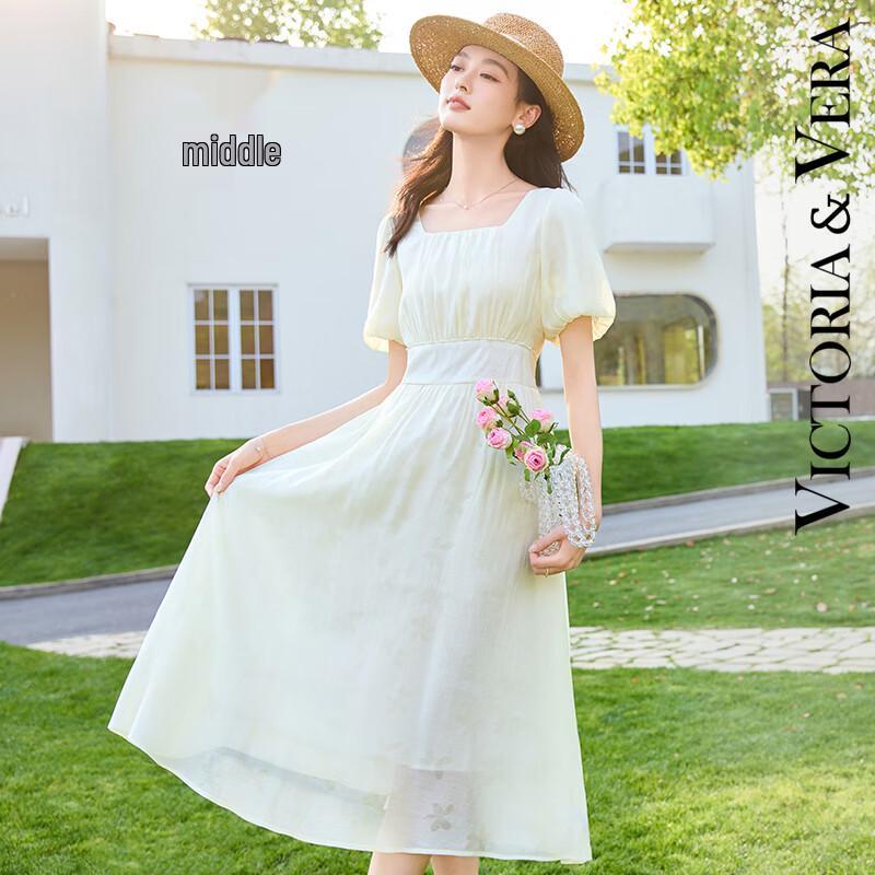 

VICTORIA&VERA Elegant Square Neck Pearl Chain Tencel Midi Dress XL