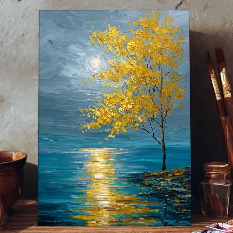 Large Modern Golden Tree Abstract Landscape Canvas Painting - Golden-Yellow & Blue-Green Wall Art with Golden Leaf Texture, 21X30CMNo Framed
