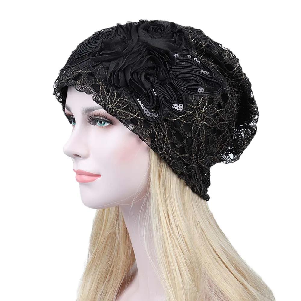 Omen Sequins Lace Turban Cap Flower Muslim Headwear Hat Female Head Wraps Ladies Bonnet Turbante Mejur