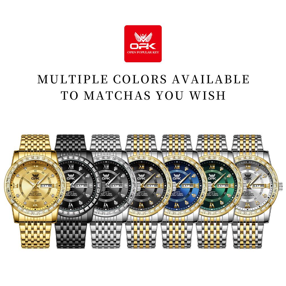 OPK Dual Calendar Luxury Quartz Watch For Men Diamond Roman Scale Business Hand Clock Waterproof Fashion Original Man Watch