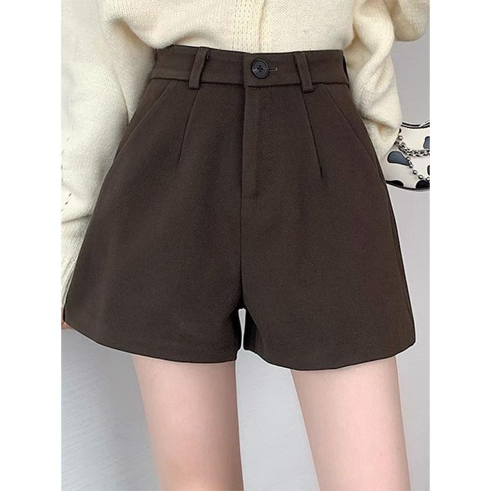 Dámské černé vlněné šortky s vysokým pasem, áčkového střihu a širokými nohavicemi pro jaro, podzim a zimu