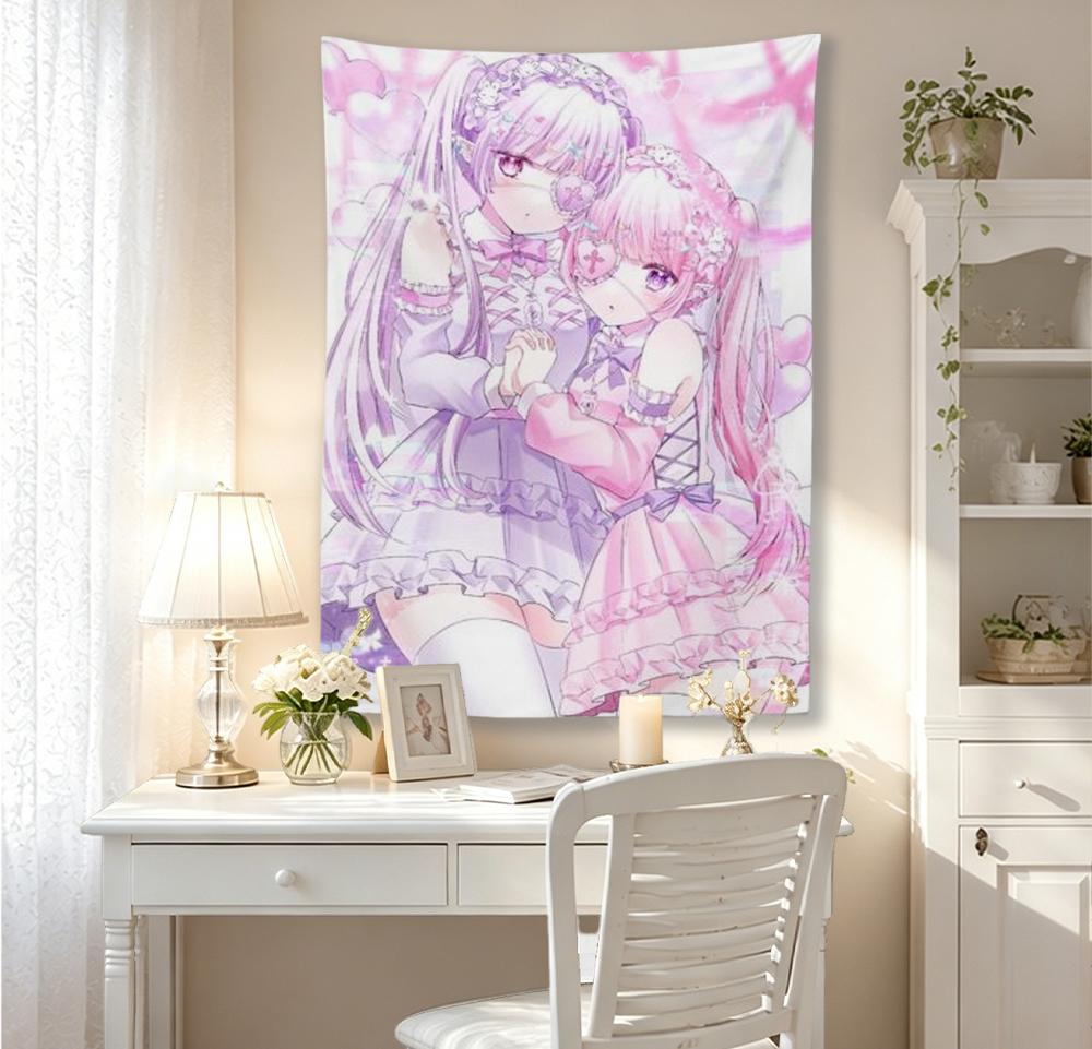 Kawaii Y2K Anime Style Pastel Girls Wall Tapestry Sweet Lolita Aesthetic Wall Hanging Polyester Home Room Decor