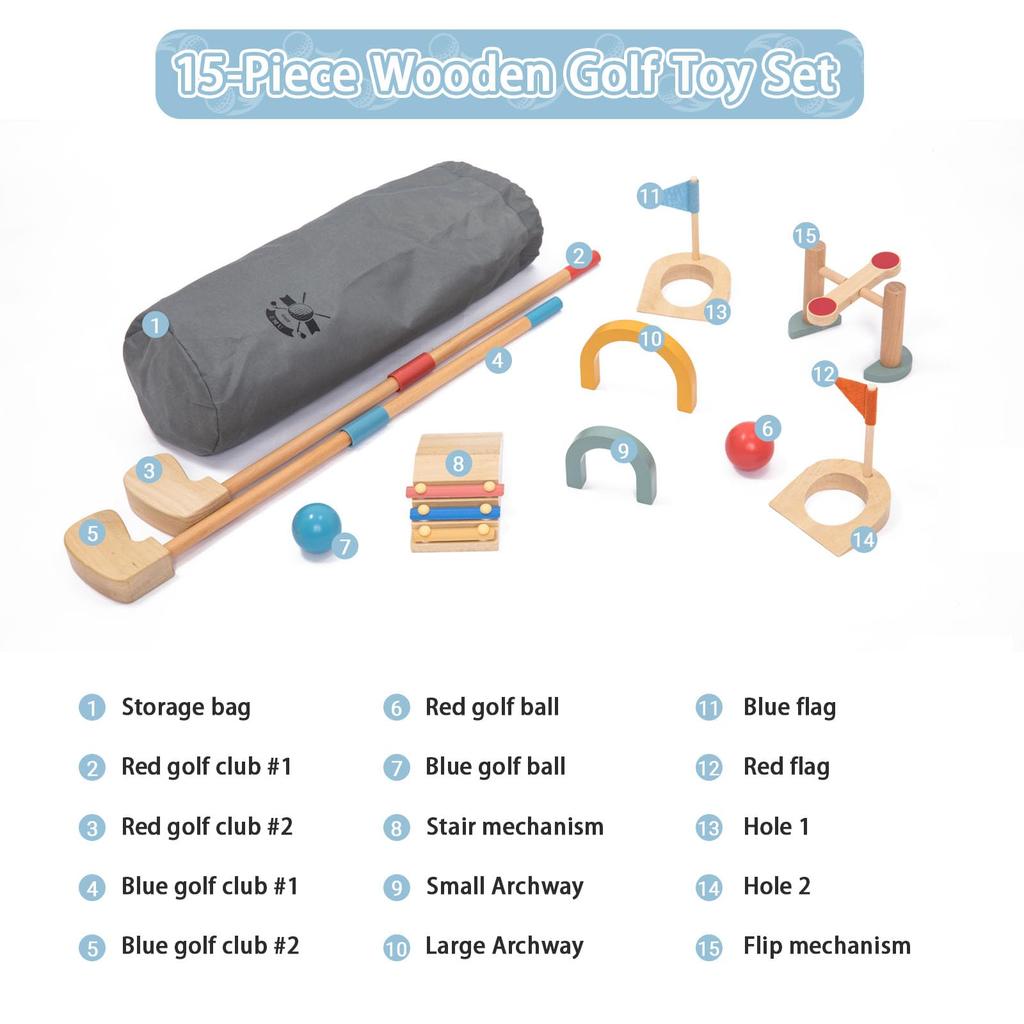 UMU 15-Piece Wooden Mini Golf Set with Obstacles, Balls, Clubs, and Accessories, Suitable for Indoor and Outdoor Play, Montessori-Style Educational