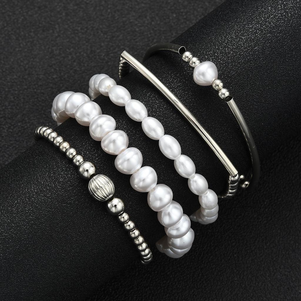 5pcs Simple Beaded Pearl Design Bracelet Set For Women Vintage Silver Color Charm Bangles Holiday Date Daily Party Jewelry Gifts