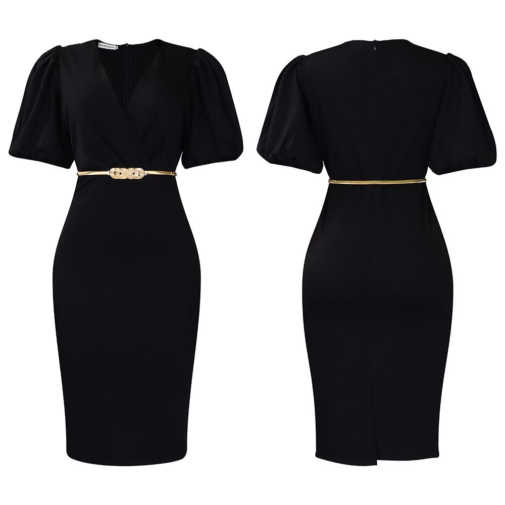 IHUASU Women's Summer Short Sleeve V-Neck Bubble Sleeve V-neck Bag Hip Professional OL Temperament Tong Le High Waist Dress