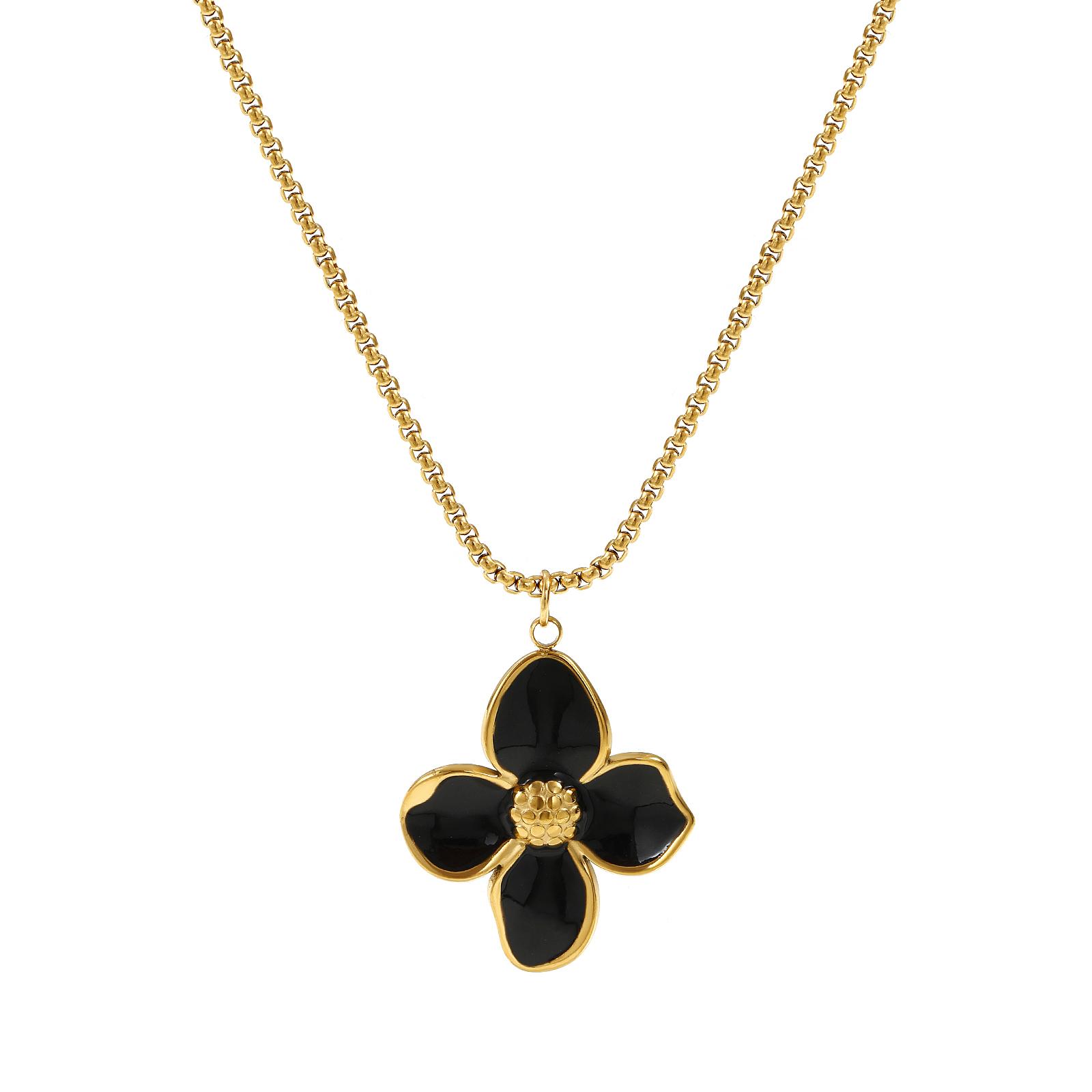 

304 Stainless Steel Necklace 18K Gold Plated Box Chain Flower Pendant Charm Necklace For Women Enamel Gift 45cm(17.7 ) + 5cm(2 ) чёрный