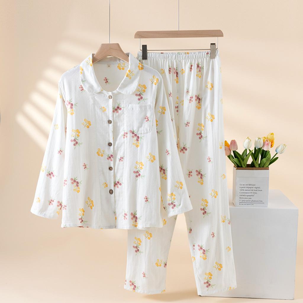 

Simple Style Double-layer Gauze Pure Cotton Pajamas Women s Long-sleeved Floral Autumn Loungewear Set XL