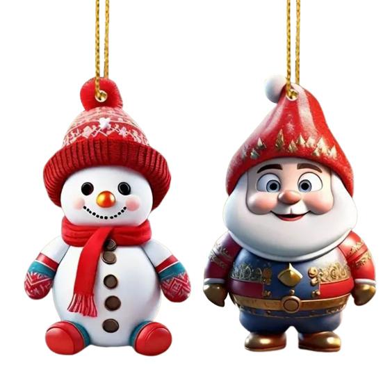 2 Pcs Christmas Ornaments Cartoon Snowman Santa Claus Acrylic Pendant Xmas Tree Hanging Decoration for Holiday Party Decor Car Accessories