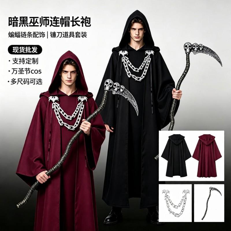 Halloween Gothic Hooded Robe Costume With Chain Detail Medieval Wizard Priest Cosplay Outfit Party