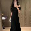 Female Summer Pure Desire Imperial Sister Wears a Black One-word Collar Dress, Temperament Slim and Thin, Waist Pinch, Hip Wrap Long Skirt