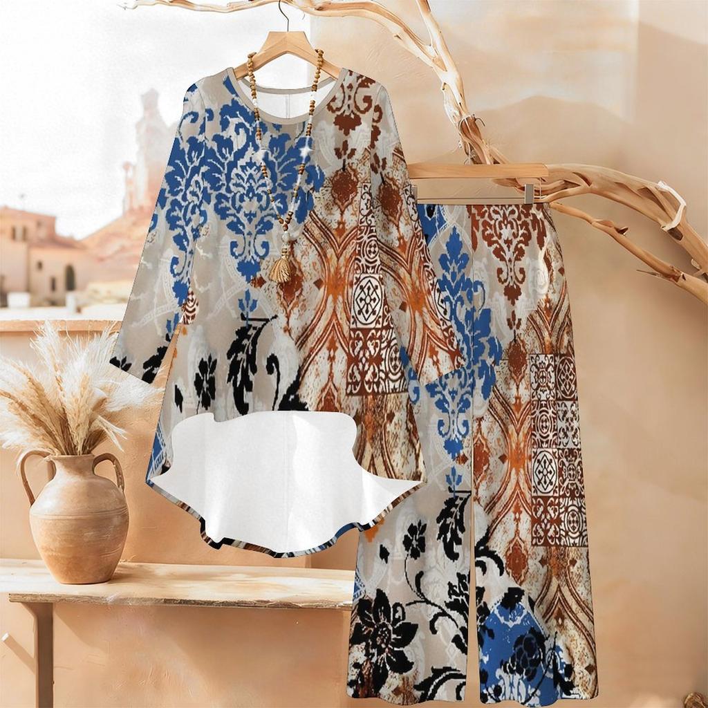 Distressed Floral Print Two Piece Outfit Women Long Sleeve Irregular Hem Tunic Top Wide Leg Pants Casual Matching Set