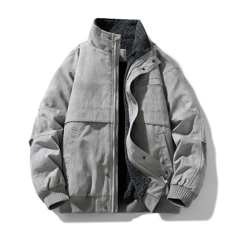 

Men s Winter 2025 American Style Lambswool Bomber Jacket with Stand Collar and Velvet Padding 2XL світло-сірий колір
