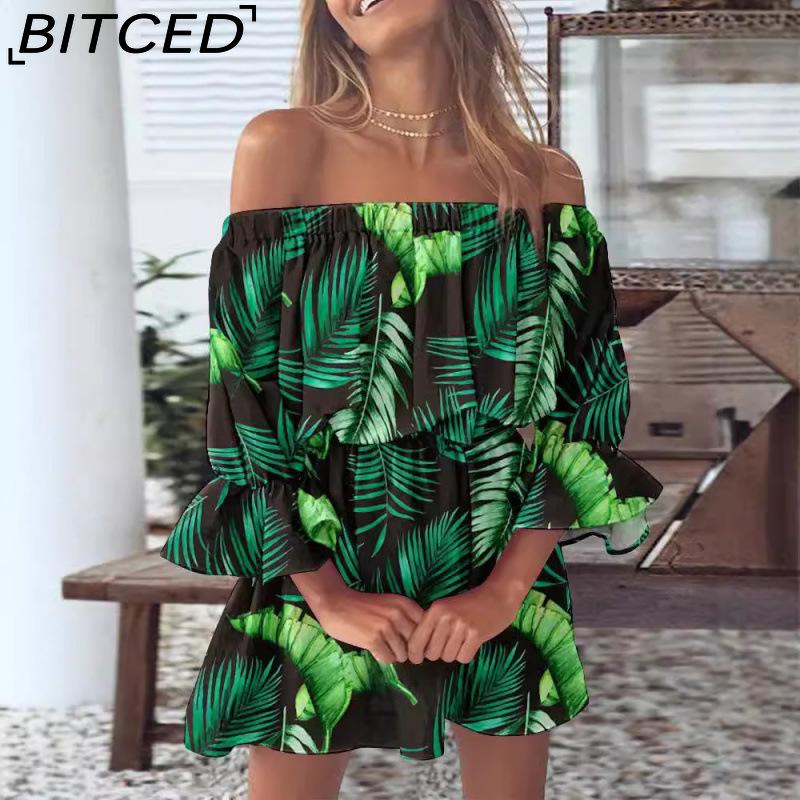 BITCED Women Floral Print Mini Dress Summer Sexy Off Shoulder Flare Sleeve Tunic Dress Female Casual Boho Beach Dress