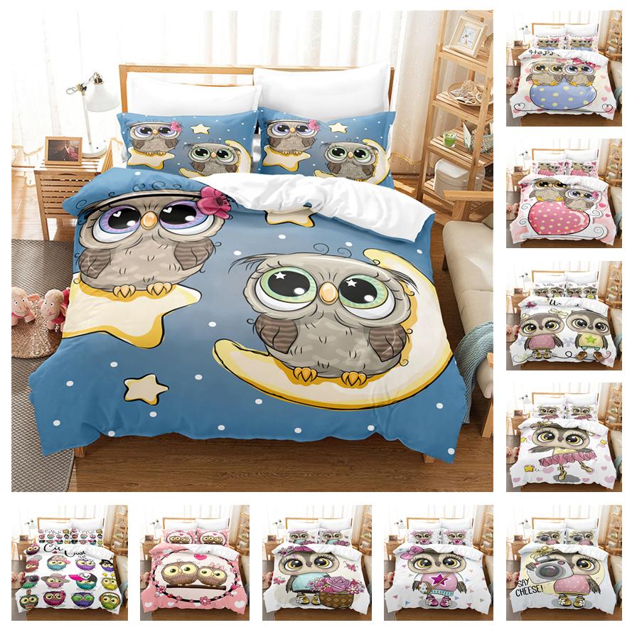 

Комплект постельного белья с 3D мультяшной совой, пуховый пододеяльник с принтом животных, 2/3 предмета для детской комнаты, одноместный/двухместный AU140 * 210, полноразмерный домашний текстиль