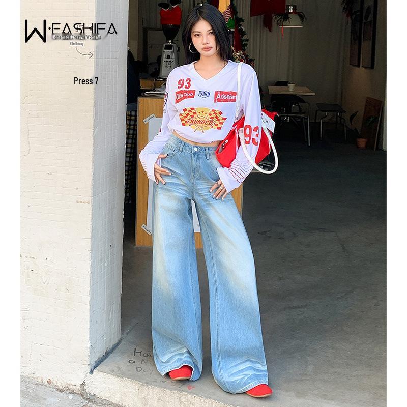 Trendy Casual Plus Size Women s Summer Loose Straight-Leg Bleached Denim Jeans S темно-синий