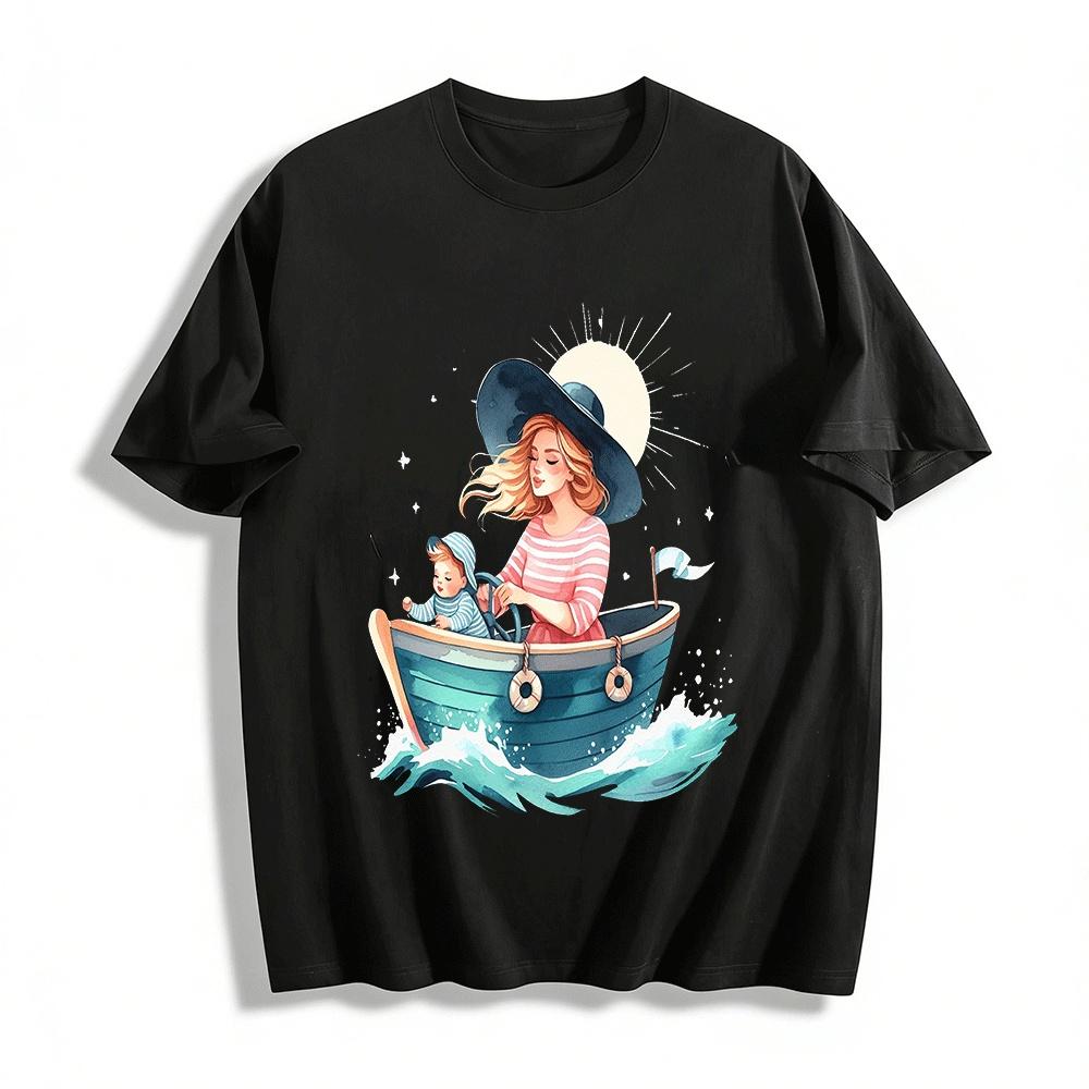 

Mom And Baby Sailing Themed Print Casual Top Pure cotton T-shirt XXS