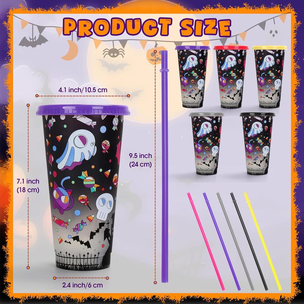 Color Changing Cups, 5-Pack 24 oz Plastic Cups with Lids and Straws, Tumblers and Water Glasses for Adults, Kids Party, Cute Cups for Ice Drink