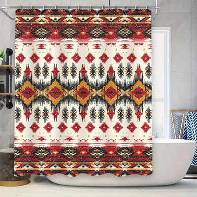 Vintage Boho Waterproof Shower Curtain Geometric Design Bath Decor with Hook Rings (Red Black) by TaurusDuan Home Decoration