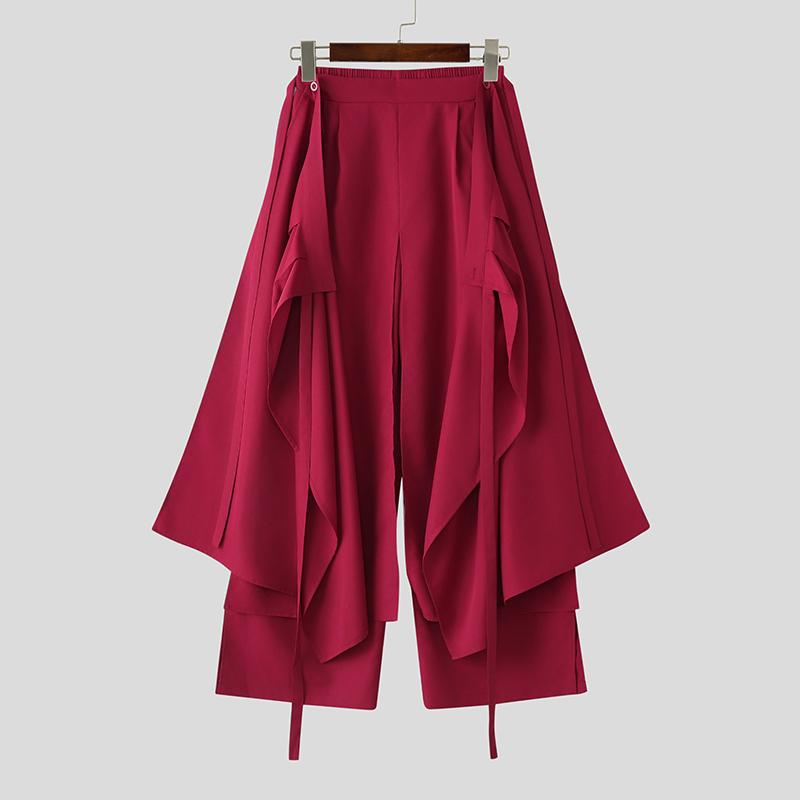INCERUN Men Elastic Waist Irregular Layers Fake Two-piece Casual Loose Pants Trousers