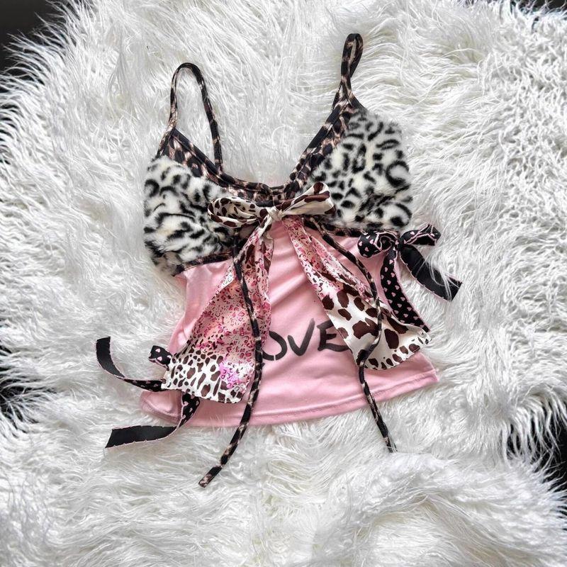 Amerikanischer Retro Shibuya Rosa Erinnerungen Leopardenmuster Herz Polka Dots Schleife Lveo Print Spicy Girl Trägertop für Damen