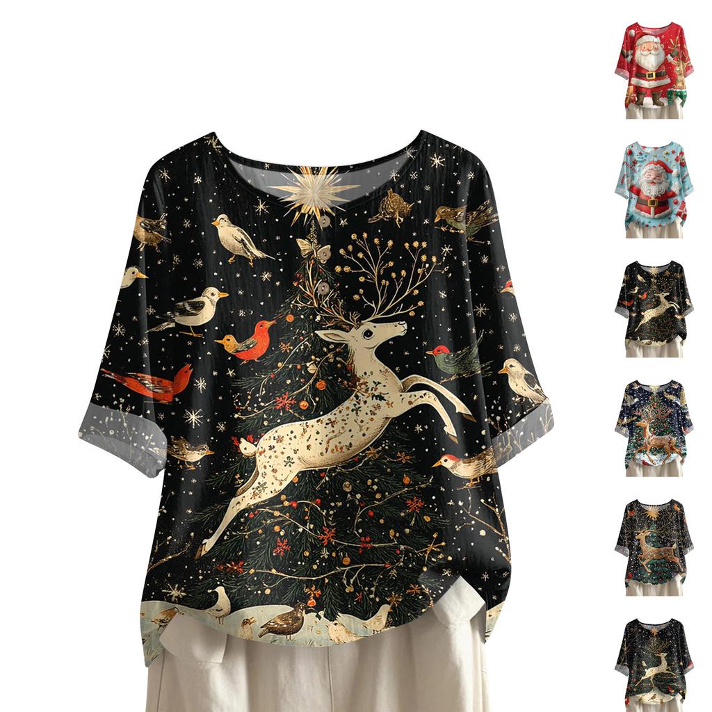 Women's Fashionable And Casual Shirt Half-sleeve Round Neck Print Cotton And Linen Blouse Top