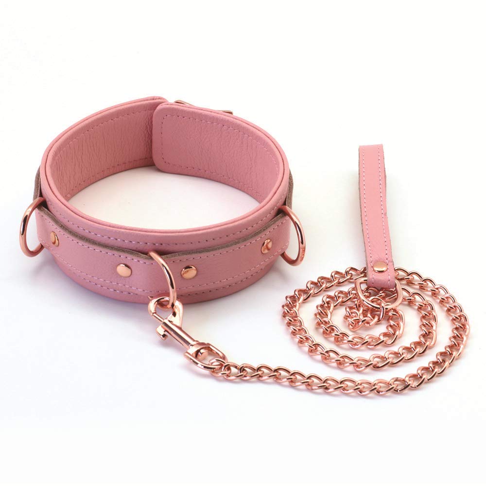 Liebe Seele SM Goods Restraints Genuine Queen High-end Collar, Handcuffs, Set, Leather, Cosplay, Training, (Pink)