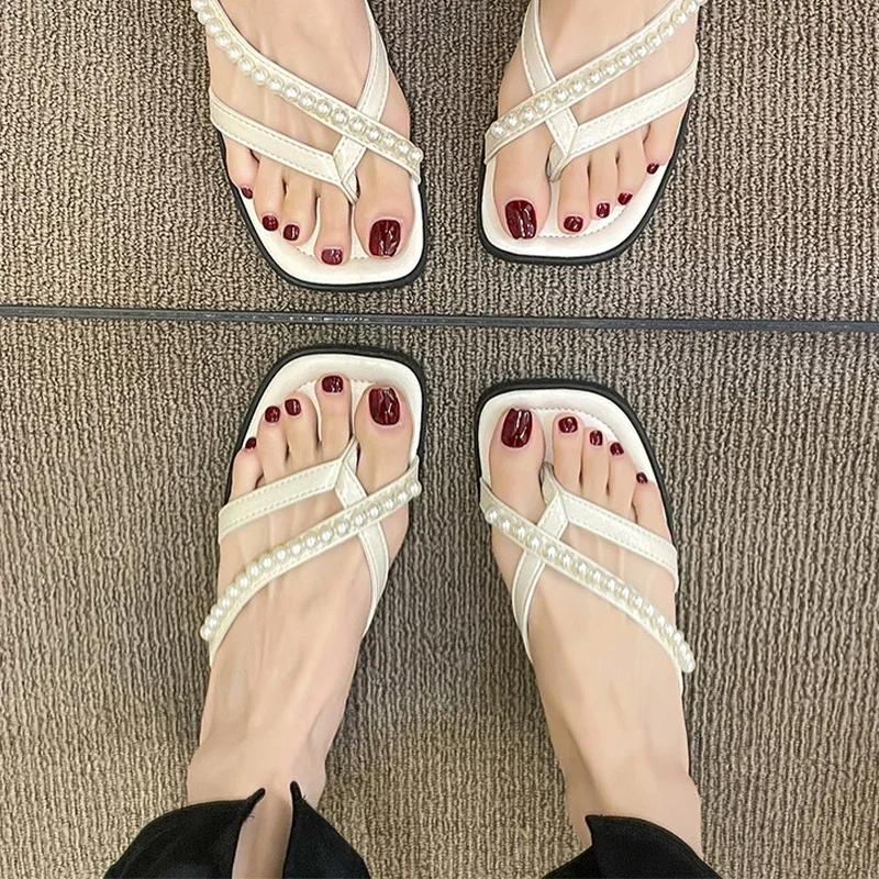 Fashion Pearl Flip Flops for Women Beaded Women Flats Clip Toe Slippers 2024 Summer New Square Toe Slides Cozy Zapatos De Mujer
