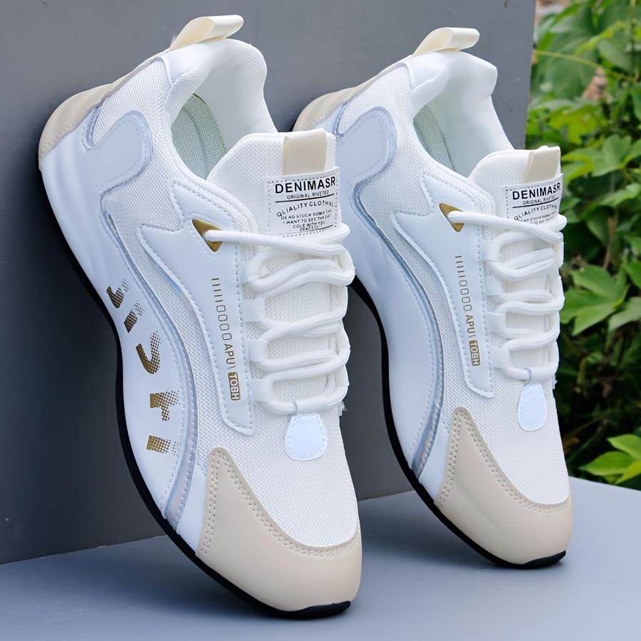 Men's Fashion Casual Sneakers - Breathable Mesh Upper, Anti-Slip Sole, Lace-Up Design In White and Black with Golden Accents, All-Season Sneakers
