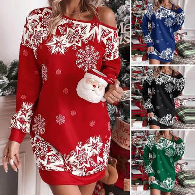Women Dress Hollow Out One Print Color Shoulder Loose Snowflake Matching Christmas Style Long Sleeve Above Knee Length