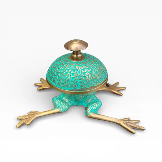 Brass Frog Desk Bell with Verdigris Green Patina Counter Bell Reception Bell Table Top Office Bell Birthday Anniversary Christmas Gift