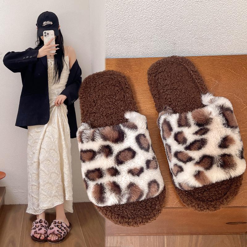 Mode Höst Vinter Leopardtryck Päfflor Dam Plysch Päls Tofflor Flip Flops Inomhus Varma Halkfria Öppen Tå Utomhus Pälsiga Luddiga