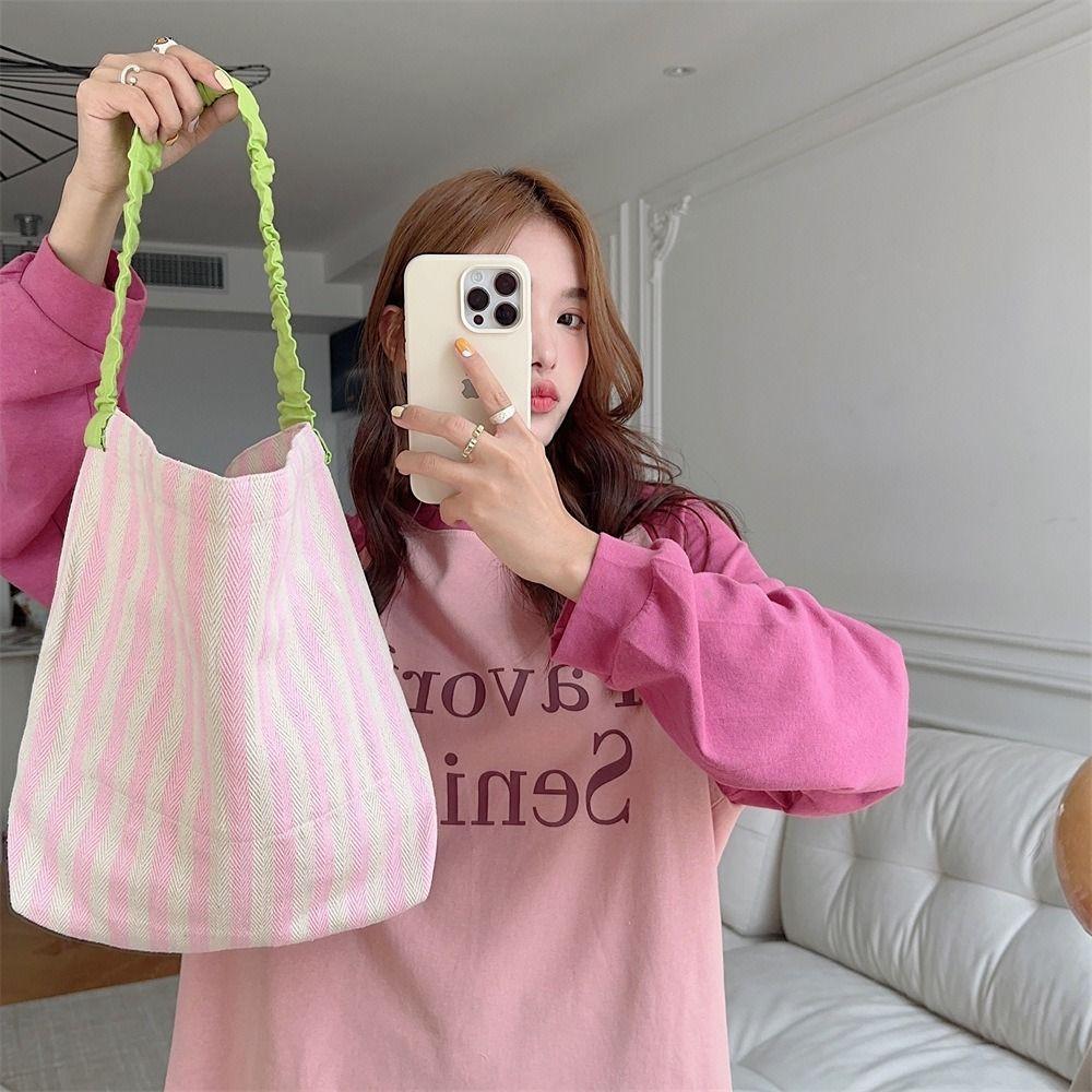 Large Capacity Stripe Canvas Bag Pleated Shoulder Strap Cloth Shoulder Bag Cute Tote Bag Women