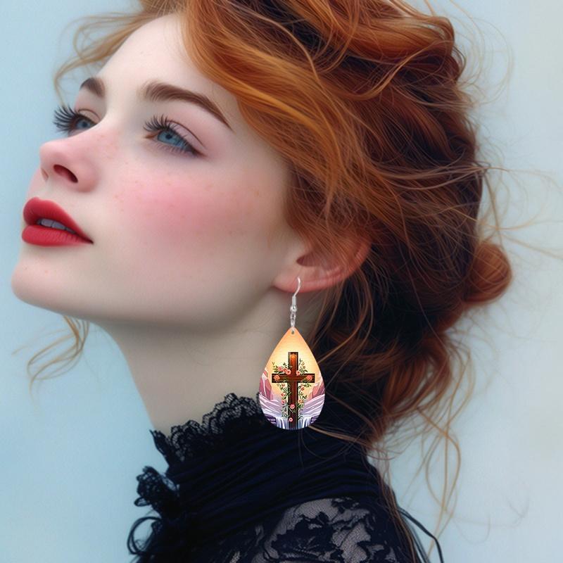 Cross PU Leather Earrings with Floral Design, Fashion Earrings, Exquisite Earrings, Holiday Gifts for Friends, Party Fashion Accessories