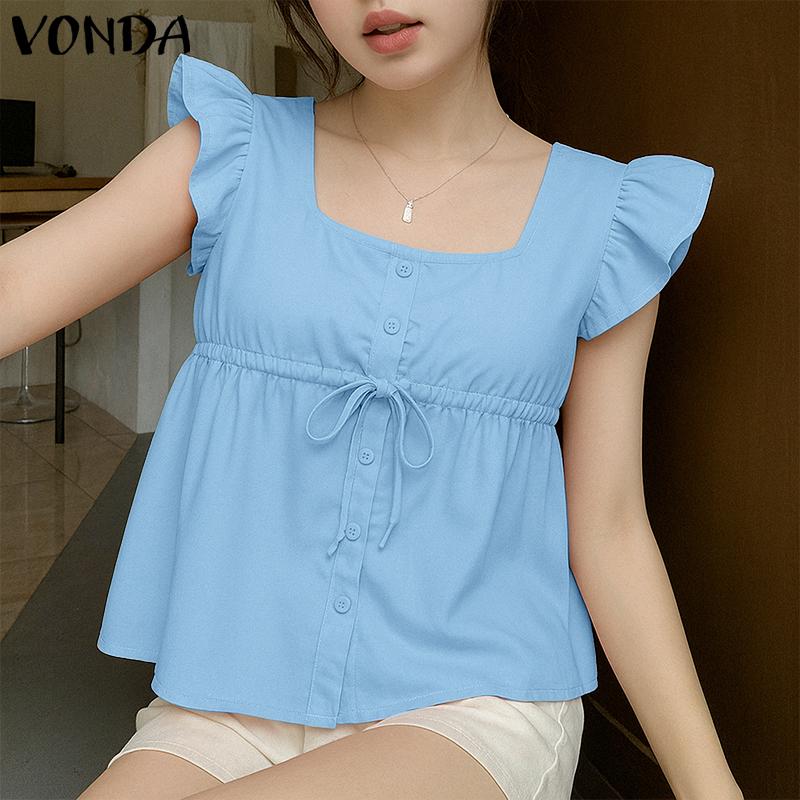 

VONDA Women Summer Ruffled Sleeveless Waist Drawstring Casual Tank Tops 5XL синий