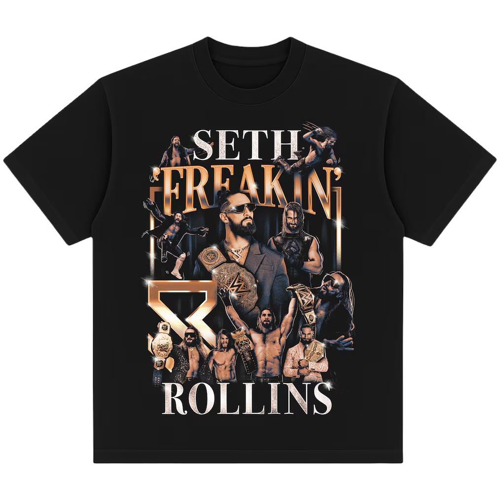 Seth Rollins cotton men s shirt oversized wrestling graphics Black shirts summer Women s Y2k O-neck Tshirt S